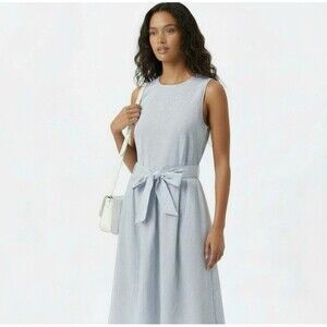 NEW Anne Klein Pinstriped Preppy Seersucker Dress Women 14 Blue White